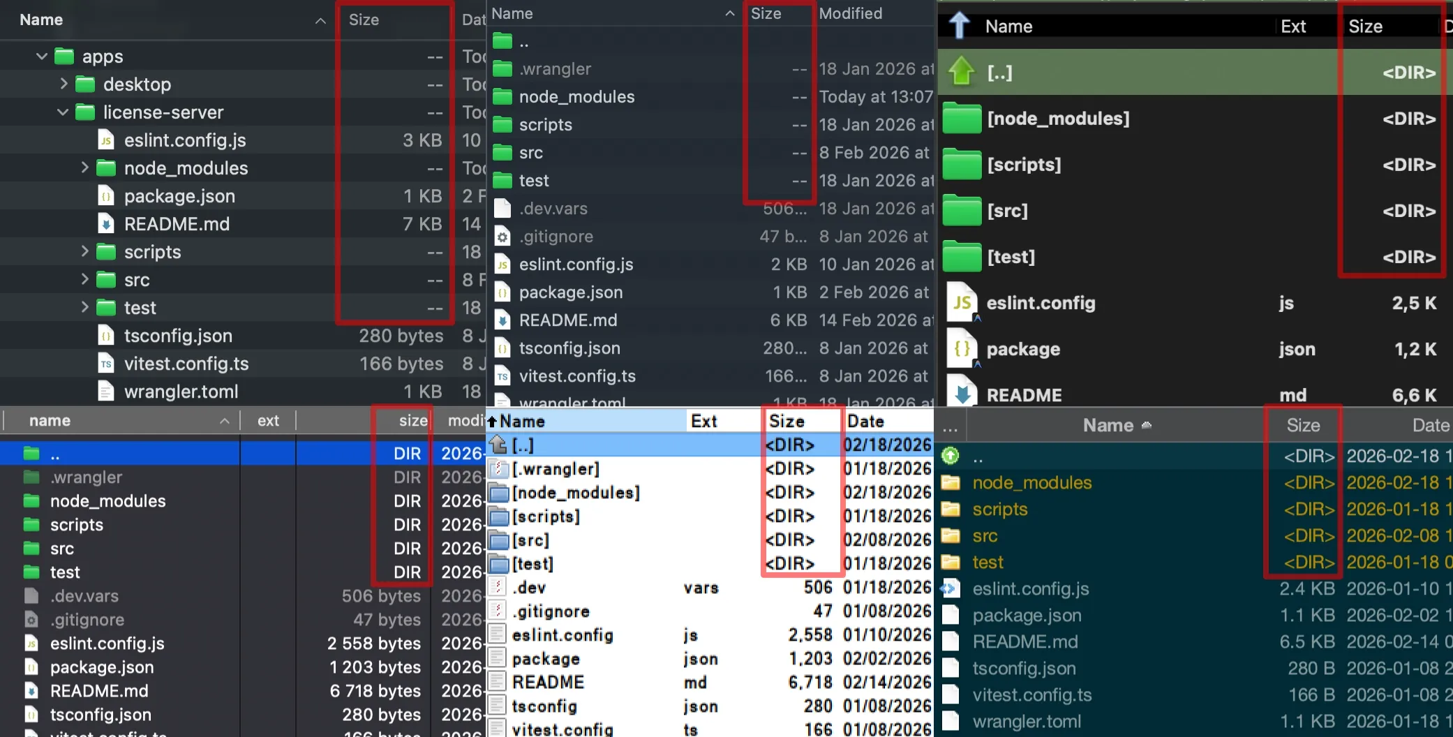 Screenshot of six file managers showing dir sizes as <DIR> and --