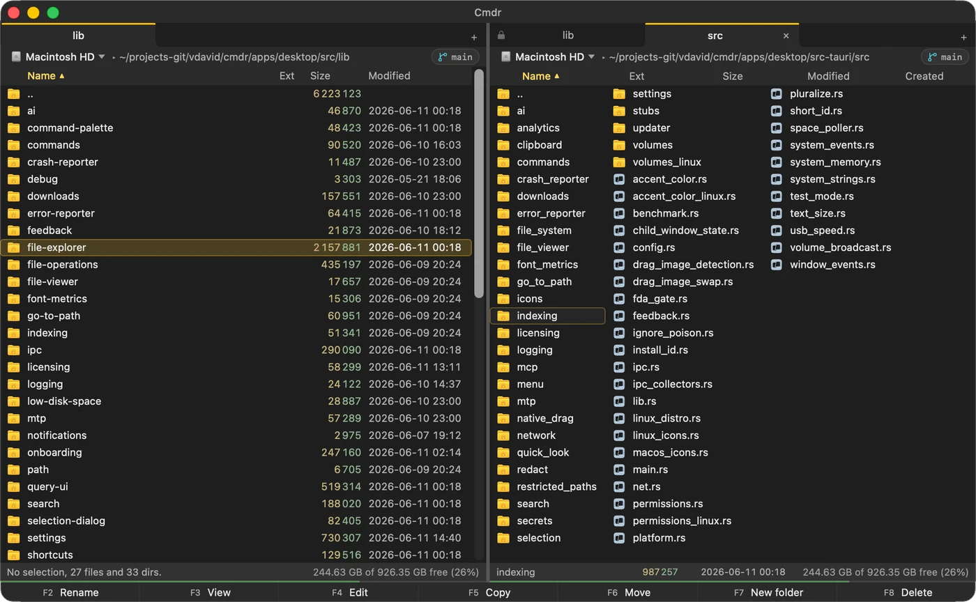 Cmdr on macOS: the same two-pane layout with a clean, modern macOS look