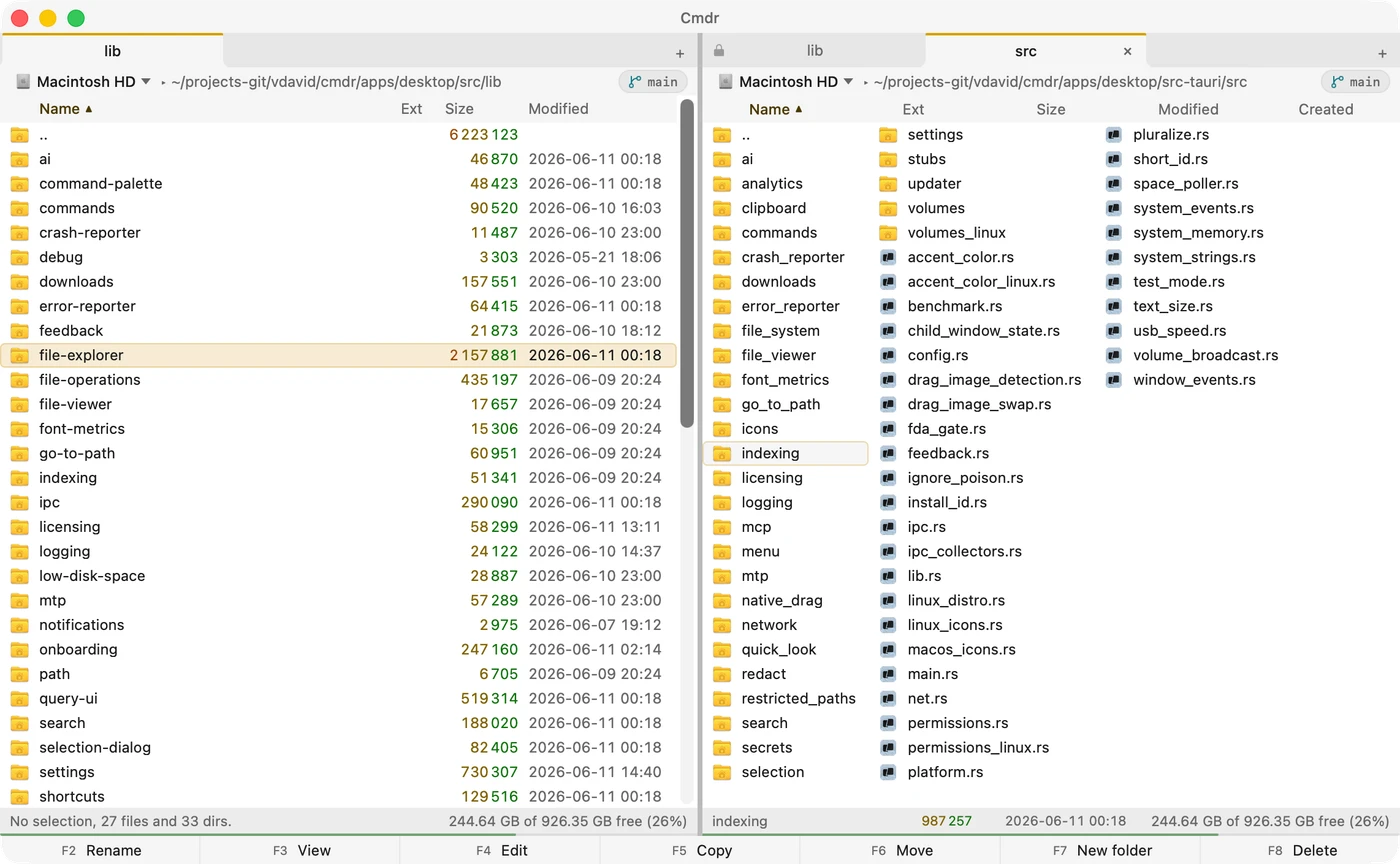 Cmdr on macOS Cmdr on macOS: the same two-pane layout with a clean, modern macOS look