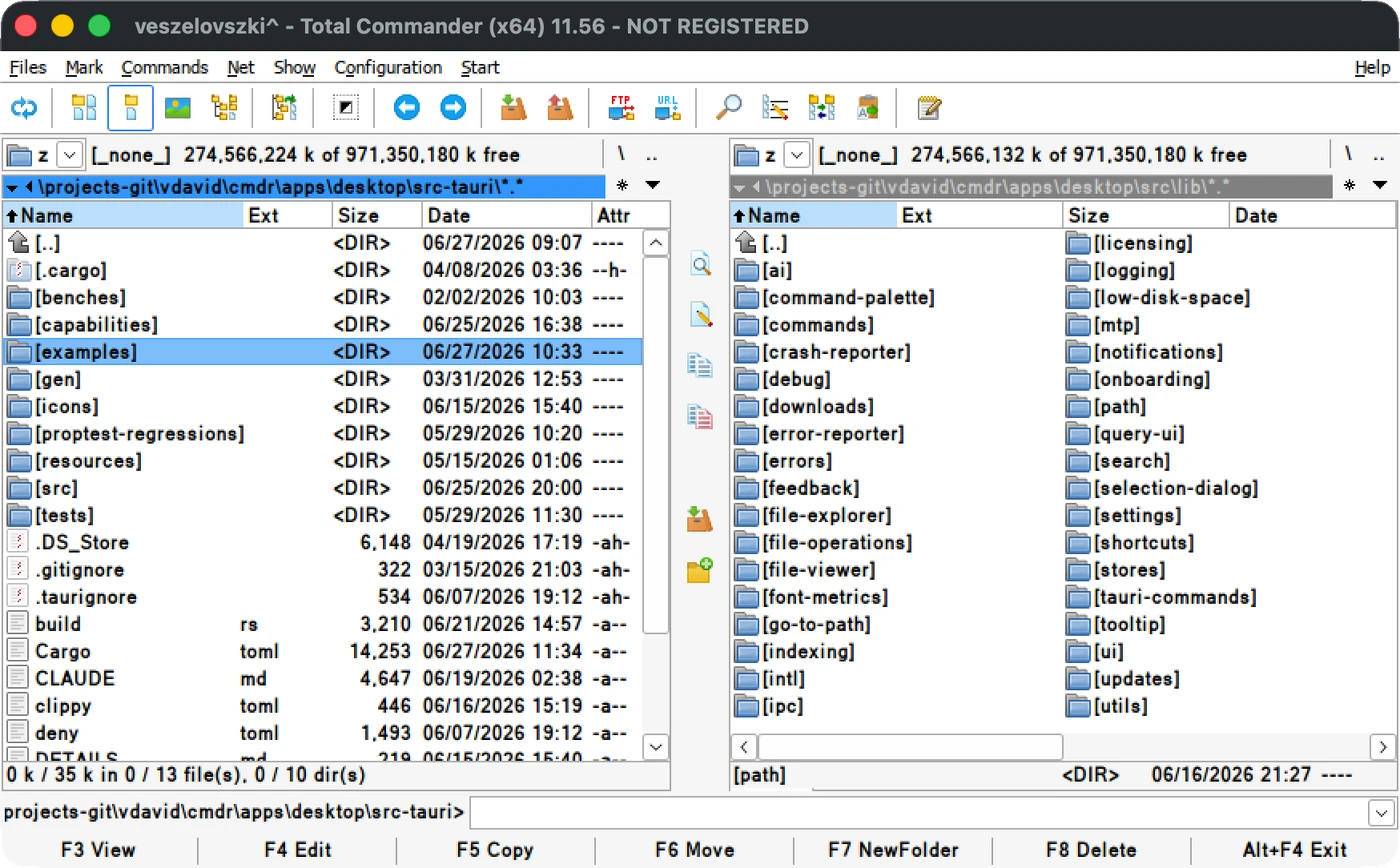 Total Commander on Windows: a two-pane file manager with a toolbar and a function-key bar along the bottom